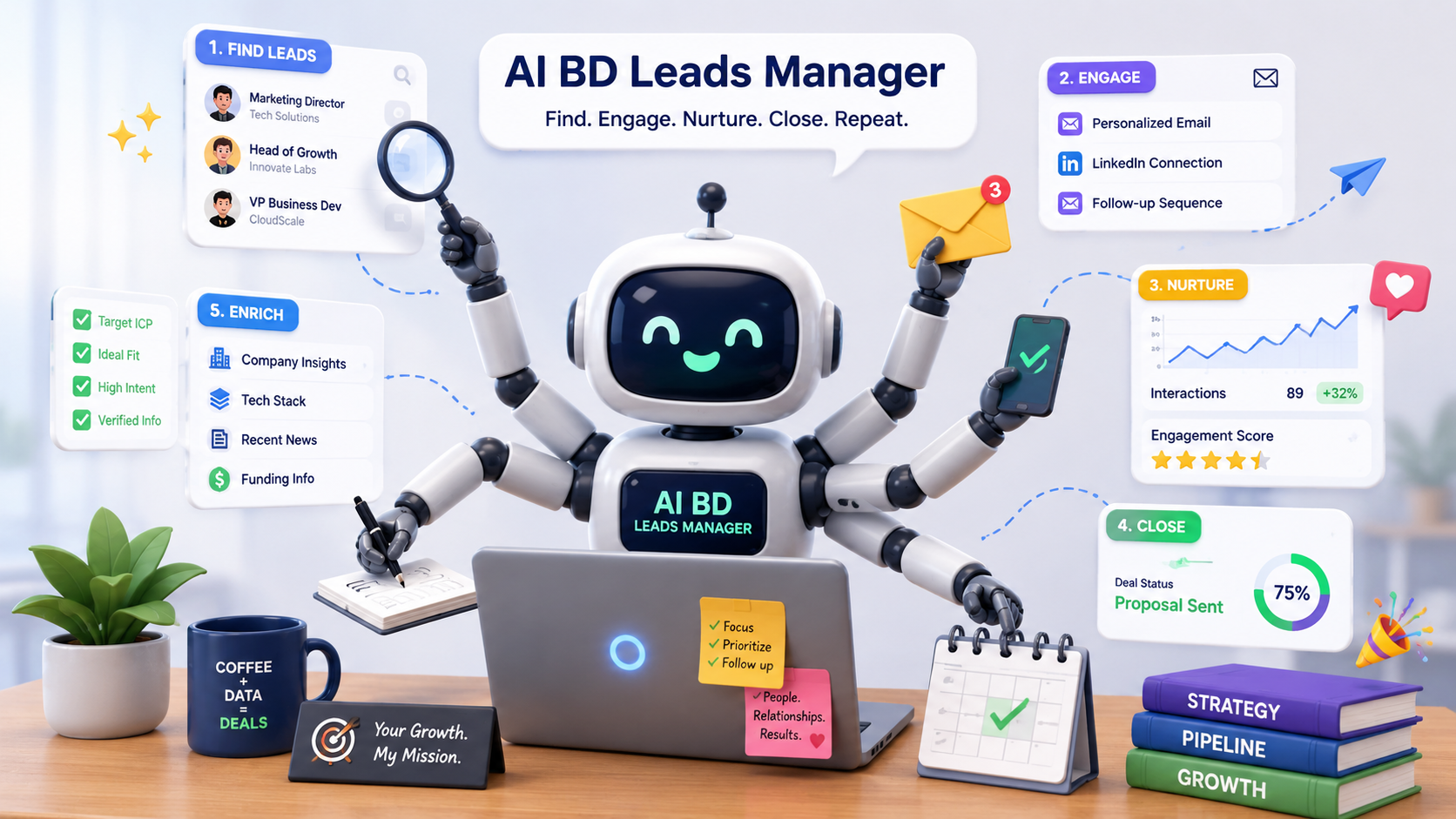 AI BD leads manager dashboard showing no-code sales workflow